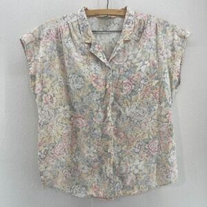 Floral Button Up Blouse Pastel Cottagecore Romantic Soft Girl Cap Sleeve M Lana
